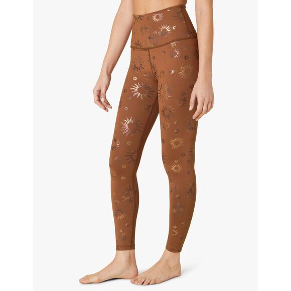 Beyond Yoga Pants - Beyond Yoga Womens Sun Print High Waisted Metallic Midi Leggings Cinnamon Tan XS
